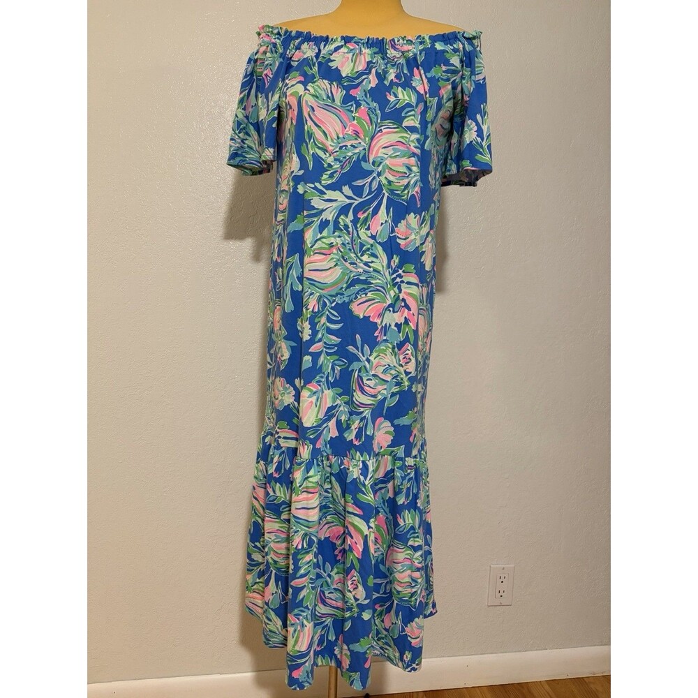 Lilly Pulitzer Off-The-Shoulder Midi Dress Tiered Sz Small Merle Fancy Fins Blue